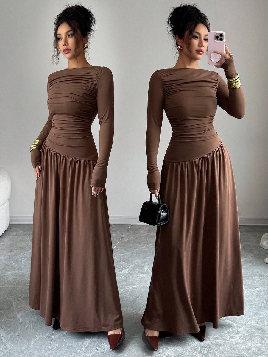 Elenzga Đầm Maxi dài tay dáng chữ A, lưng xếp ly, chất liệu lụa sữa, co giãn trễ vai dành cho nữ, phong cách lãng mạn kiểu Pháp thanh lịch, thích hợp mặc đi làm, thường ngày, dự tiệc, thu đông - màu nâu - Xem 1