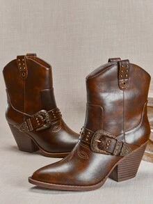 SHUZIA Women's Premium Oil Finished Vegan Leather Chocolate Brozen Buckle Hardware Block Heel Ankle Booties –Iconic Cowboy Style,Statement Boots For Fall Looks & Festival Fits For Christmas - Chocolate Brown - View 6