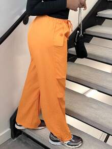 Alexandranx 女士直筒阔腿工装裤高腰抽绳宽松口袋休闲慢跑哈伦裤嬉皮朋克街头服饰 -C - 亮橙色 - 查看 6