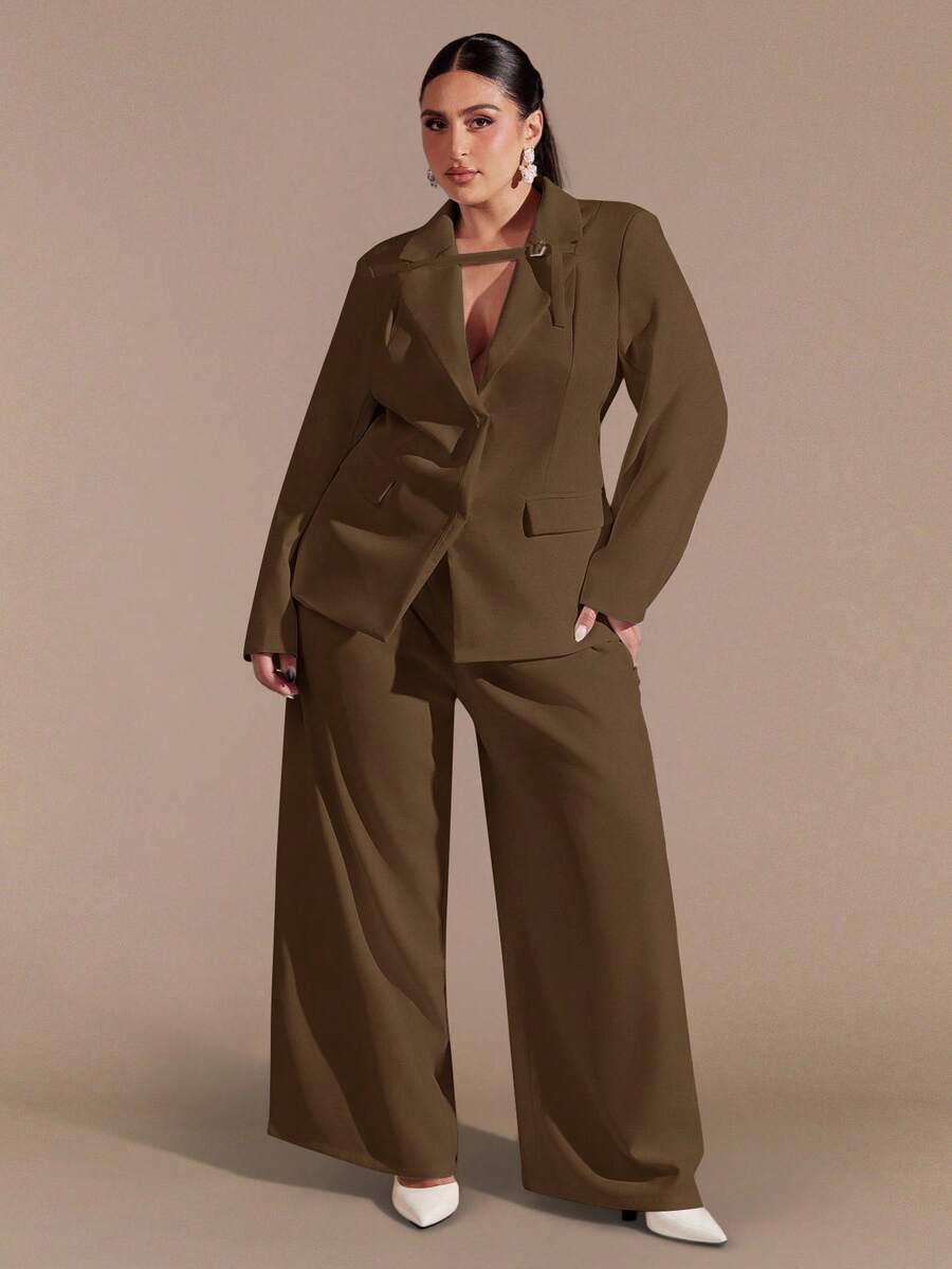 SHEIN BAE Plus Size Curve Autumn And Winter Elegant Commuter Business Party Big Woman Black Formal Waist Suit Jacket And Wide-Leg Pants Ladies Two Pieces Suit Business Casual Woman Suits For Woman Blazer Set Pants Suits For Woman Women Pants Suit Set Corporate Set Women Work Suits Woman Suit