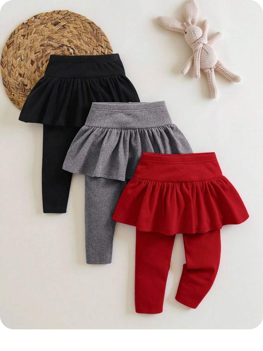 SHEIN 3pcs/Set Girl Knitted Elastic Solid Color Ruffle Waist Pants, Baby Girl Style, Autumn/Winter - Red - View 1