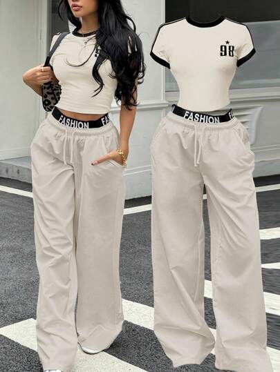 SHEIN Teen Girls' Sporty Street Style Retro American Contrast Color Short Sleeve T-Shirt And Loose Wide Leg Pants Set Two Pieces Set Two Pieces Outfits Casual Two Pieces Set Pants And Top Set Two Pieces Outfit