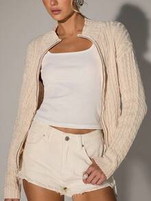 Avantive 学院风休闲舒适，居家出门穿杏色长袖扭纹拉链开衫针织外套女毛衣麻花针织衫拉链毛衣 - 杏色 - 查看 5