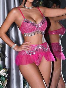 3pcs Fringe Sequin Decor Densely Embedded Crafted Design With Shimmery Pink Mesh Skirt + Underwire Cup Dreamy Sexy Lingerie Set - Hot Pink - View 4