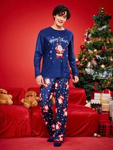 2 piezas Conjunto de pijama a juego con estampado gráfico divertido de Navidad para toda la familia, incluye top de manga larga y pantalones, ropa cómoda para el hogar para hombres, ropa de otoño e invierno