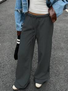 SHEIN EZwear Dark Grey Women's Casual Loose Front Tie Sweatpants, Suitable For Everyday Wear And Back To School Season, Autumn/Winter - Dark Grey - View 5