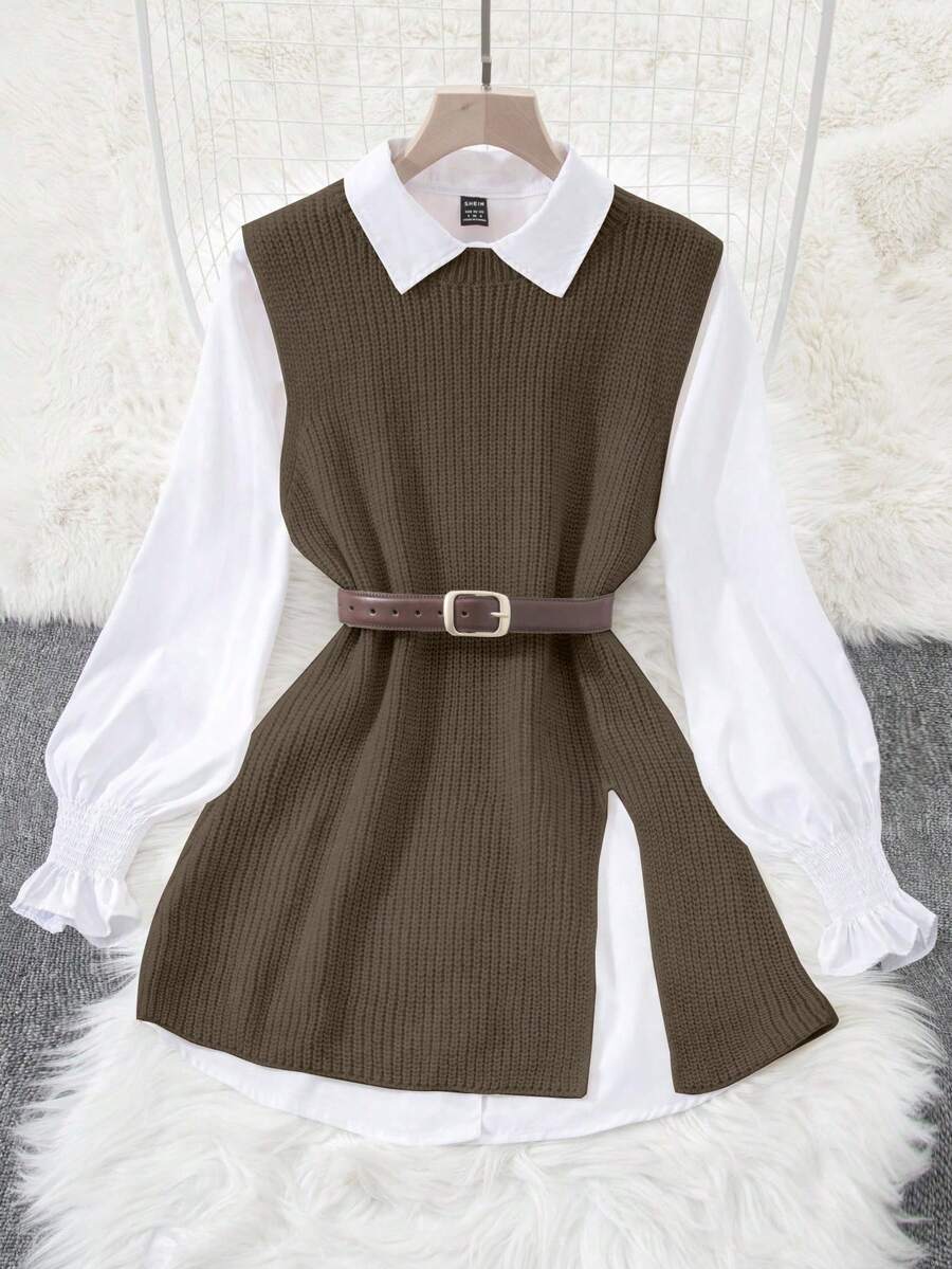 Airaco 2pcs Spring White Lantern Sleeve Blouse & Loose Fit Cardigan Vest Layered Set For Women - Mocha Brown - View 1