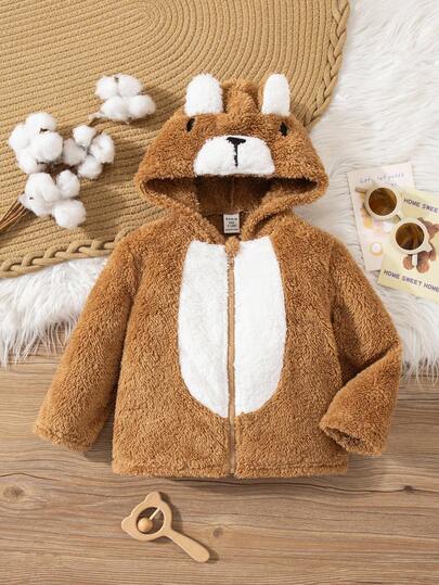 SHEIN Babygirl Cute Fuzzy Colorblock Cartoon Pattern Hooded Jacket, Autumn/Winter