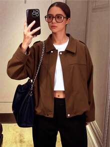 Women's Retro American Street Style Suede Zip-Up Collar Loose Casual Versatile Jacket - Coffee Brown - View 1