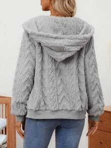 SHEIN Cómoda sudadera con capucha y cremallera de hombros caídos de franela, blusa de manga larga para maternidad - Gris Claro - Ver 2