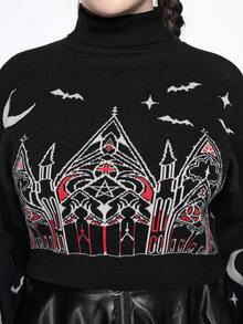 ROMWE Gothic Christmas Castle & Cross Pattern Plus Size Women Turtleneck Contrast Color Pullover Sweater - Black - View 9