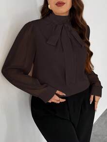SHEIN Privé Plus Size Elegant Bow Tie Cuff Long Sleeve Brown Blouse, Basic Workwear Top, Suitable For Office Wear, Spring/Autumn Brown Blouse For Women