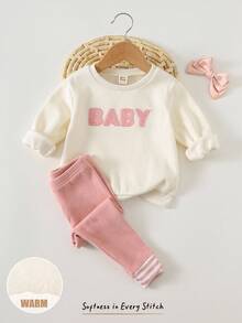 Cozy Pixies 2 件女婴粉色字母印花圆领卫衣 + 打底裤套装，拼接加厚衬里，适合冬季 - 白色 - 查看 3
