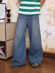 SWAVVY 男士宽松口袋阔腿休闲牛仔裤 - 藍色 - 查看 3