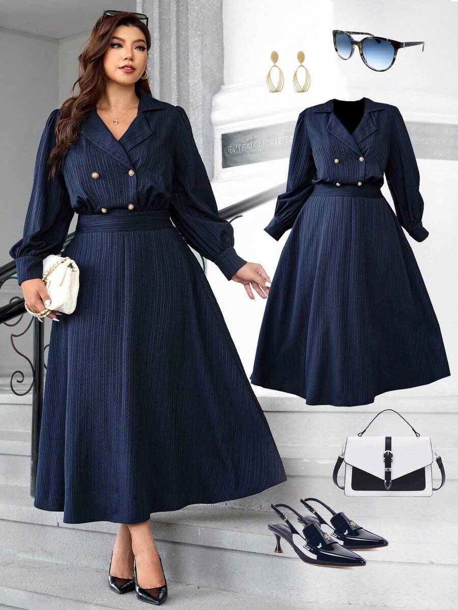 Ellevyn Plus Size Women's Turndown Collar Long Sleeve Dress, Navy Blue Dress, Elegant Dress, Casual Dress, Versatile Dress, Office Commute Dress, Business Dress