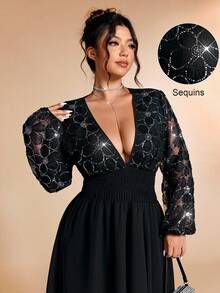 Cravure Đầm thời trang gợi cảm tay đèn lồng cổ chữ V sâu họa tiết hoa sequin cỡ lớn cho nữ - màu đen - Xem 1