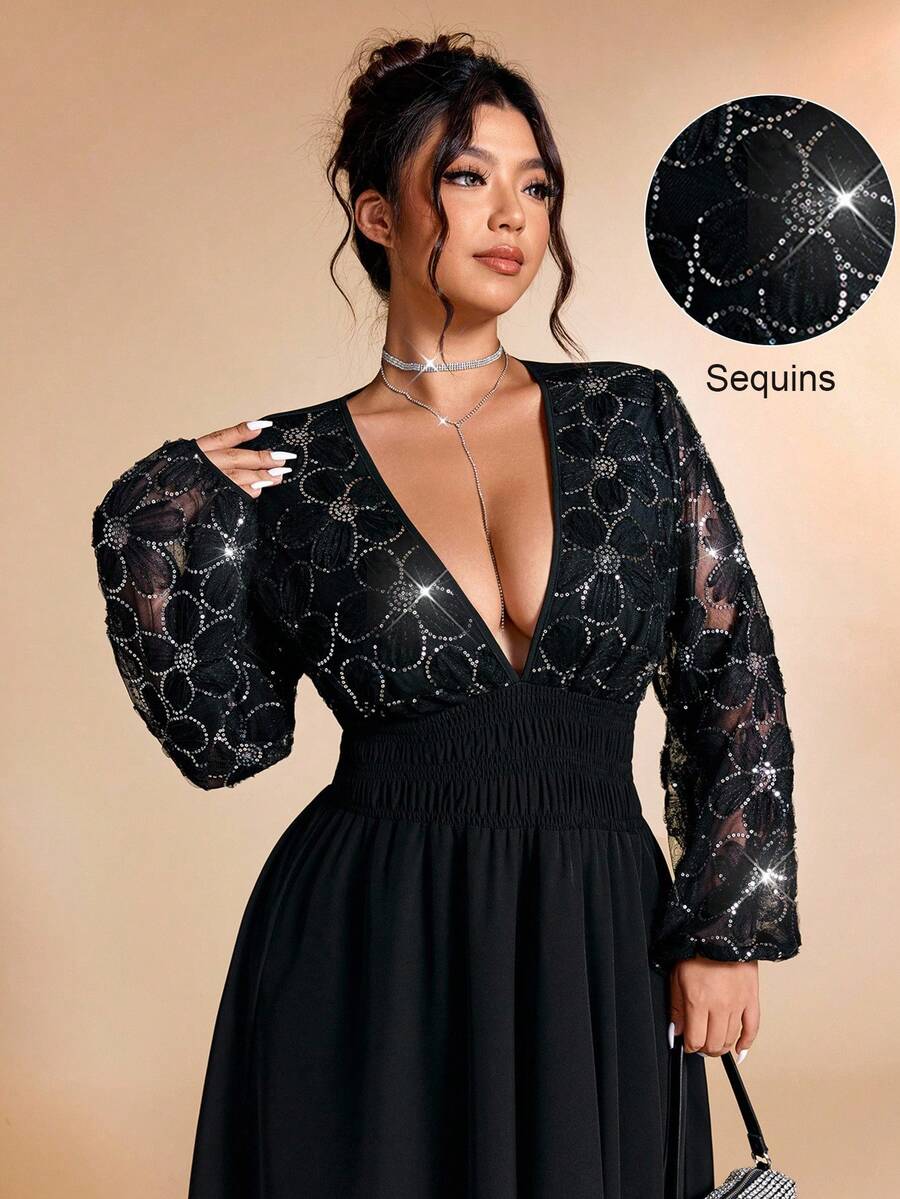 Cravure Đầm thời trang gợi cảm tay đèn lồng cổ chữ V sâu họa tiết hoa sequin cỡ lớn cho nữ - màu đen - Xem 1