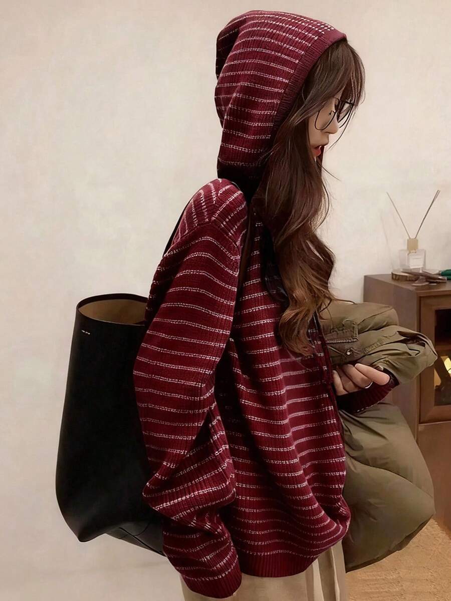 INAWLY 女式休闲条纹落肩长袖抽绳连帽毛衣，秋冬 - 紅色 - 查看 1