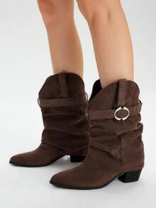 Styleloop Buckle Decor Pleated Pointed Toe Chunky Heel Slip-On Mid-Calf Boots, Suitable For Halloween, Christmas, Party Outfit, Cowboy Boots - Coffee Brown - View 5