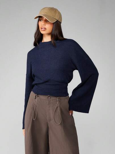 MISSGUIDED Bell Sleeve Ribbed Knit Mock Neck Sweater Cropped Winter Casual Fashion Pullover Long Sleeves Fitted Cozy Autumn Essential Jumper Textured