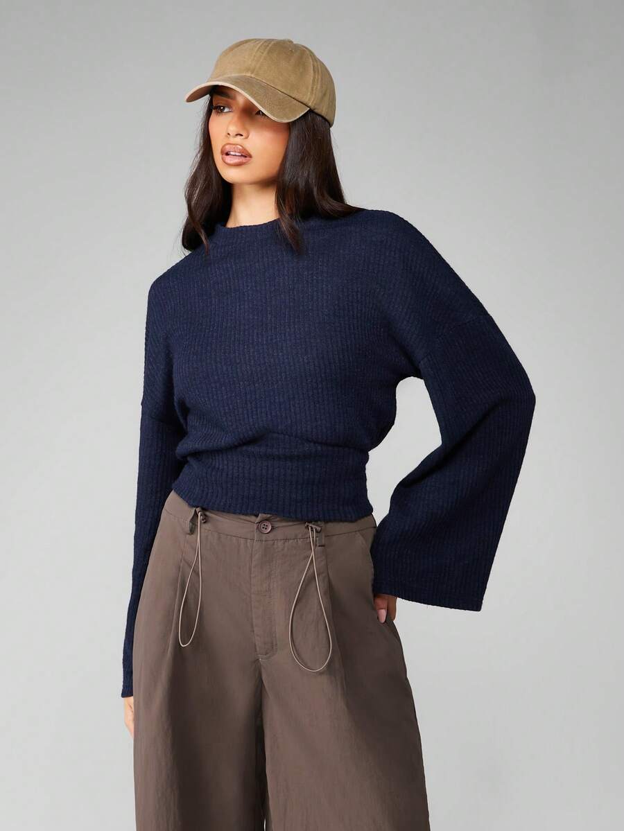 MISSGUIDED Bell Sleeve Ribbed Knit Mock Neck Sweater Cropped Winter Casual Fashion Pullover Long Sleeves Fitted Cozy Autumn Essential Jumper Textured - Navy Blue - View 1