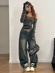 女士秋冬休闲摇滚日常穿着外出针织露肩长袖 T 恤、灰黑条纹和全黑两件套服装 - 彩色 - 查看 5