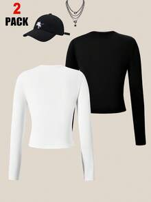 SHEIN 2件套青少年女孩休闲简约V领马匹图案长袖黑白上衣 - 黑與白 - 查看 2
