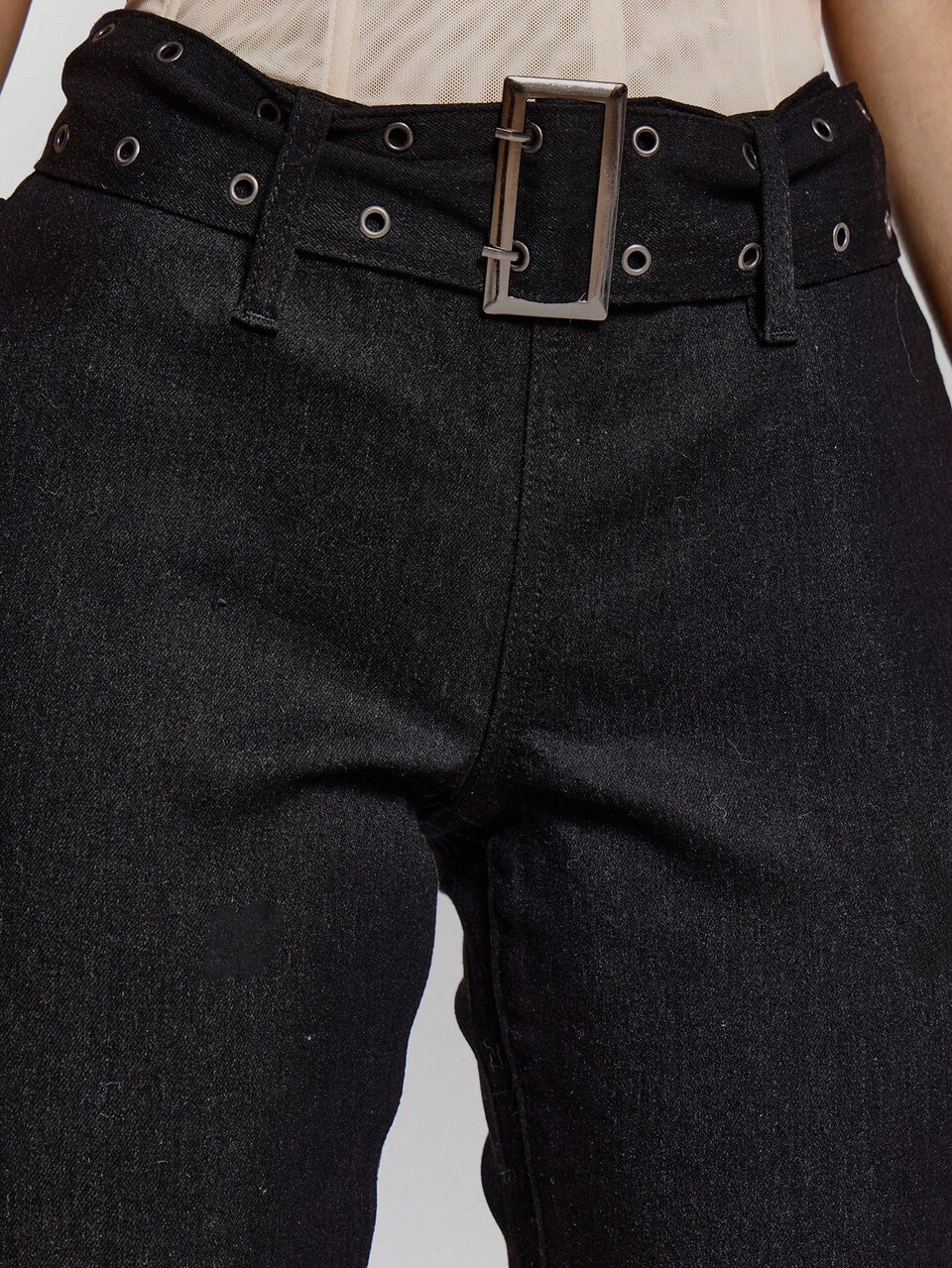 Calça Denim Flare Ajustada com Detalhe de Fivela de Ilhós Grosso, Sexy, Para Sair, Outono, Inverno, Fofa, Streetwear, Chique, Primavera, Verão