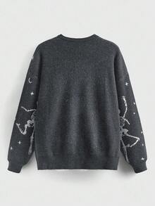 ROMWE Goth 女式复古万圣节骷髅提花基本款圆领宽松套头毛衣，男女通用 - 深灰色 - 查看 3