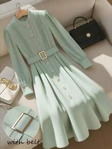 GlowEve Women's Elegant Crew Neck Pleated Front A-Line Midi Dress, Waist Cinched, Casual Commute Fashion, Green Long Sleeve - Pastel Green - View 8