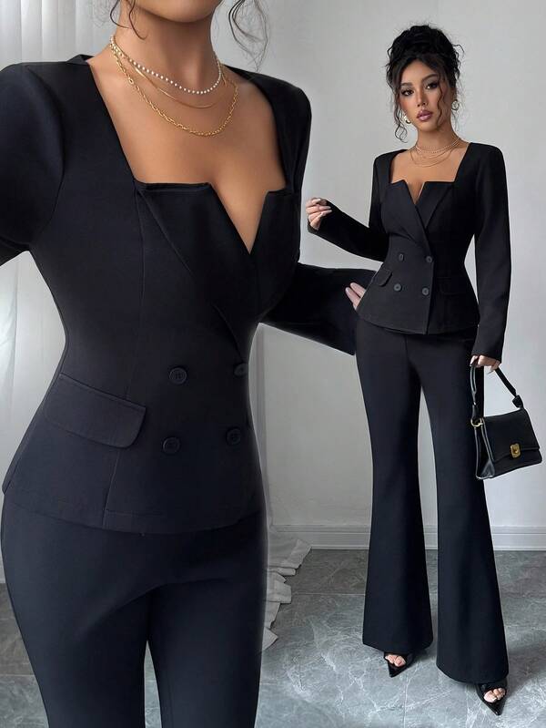 Rafferiza Fashionable Commuter Solid Color Double-Breasted Jacket & Flared Pants Suit Set