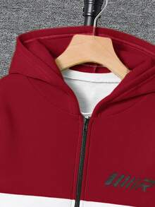 SHEIN Set de 2 buc. Jachetă sport casual cu mânecă lungă, glugă, cu panglică decorativă, guler înalt, fermoar pe jumătate și pantaloni cu talie elastică, potrivită pentru sport, activități în aer liber, întoarcerea la școală, primăvară/vară/toamnă/iarna, pentru copii preadolescenti - roșu - Vizualizare 3