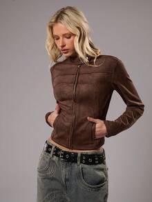 TRNVIE 1pc Women's Thin Jacket, Brown Suede Fleece Stand Collar Slim Fit Pockets Zipper Closure Long Sleeve Casual Versatile, Autumn/Winter