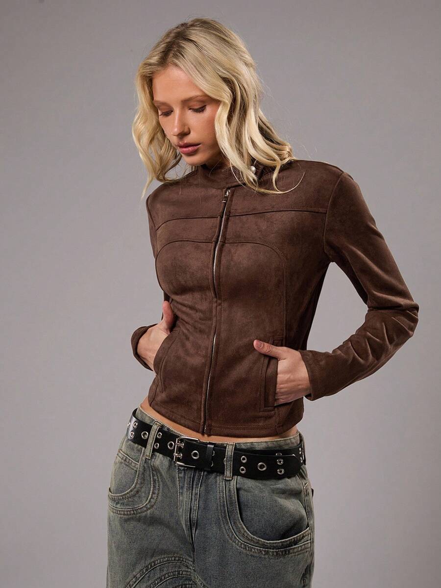 TRNVIE 1pc Women's Thin Jacket, Brown Suede Fleece Stand Collar Slim Fit Pockets Zipper Closure Long Sleeve Casual Versatile, Autumn/Winter