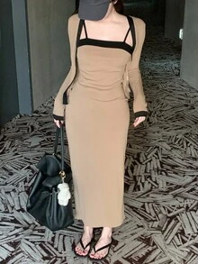 DAZY Women's Contrast Color Slip Dress And Cardigan Set, Elegant, Chic, Sexy, Casual Lounge Sets For Women - Khaki - View 7