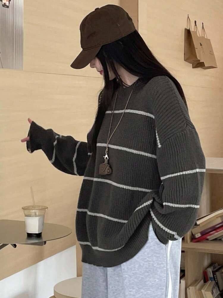 DAZY Women's Striped Loose Fit Crew Neck Casual Sweater - Dark Grey - View 3