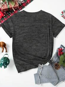 EMERY ROSE Christmas Gingerbread Man Drink Print Casual Plus Size T-Shirt - Dark Grey - View 2