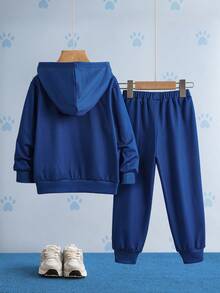 SHEIN | PAW Patrol 2 件套小男孩卡通可爱小狗拼布印花长袖连帽运动衫和运动裤针织户外休闲运动服套装，秋冬