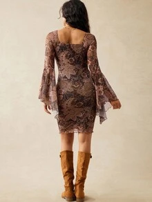 Boho Mama Vintage Floral Print Flare Sleeve Maternity Dress, Elegant For Autumn Pregnancy Photoshoot Dress Pregnant Dress Boho Maternity Dress Earth Tone Dress Sheer Dress Women  Brown  Beach Dress