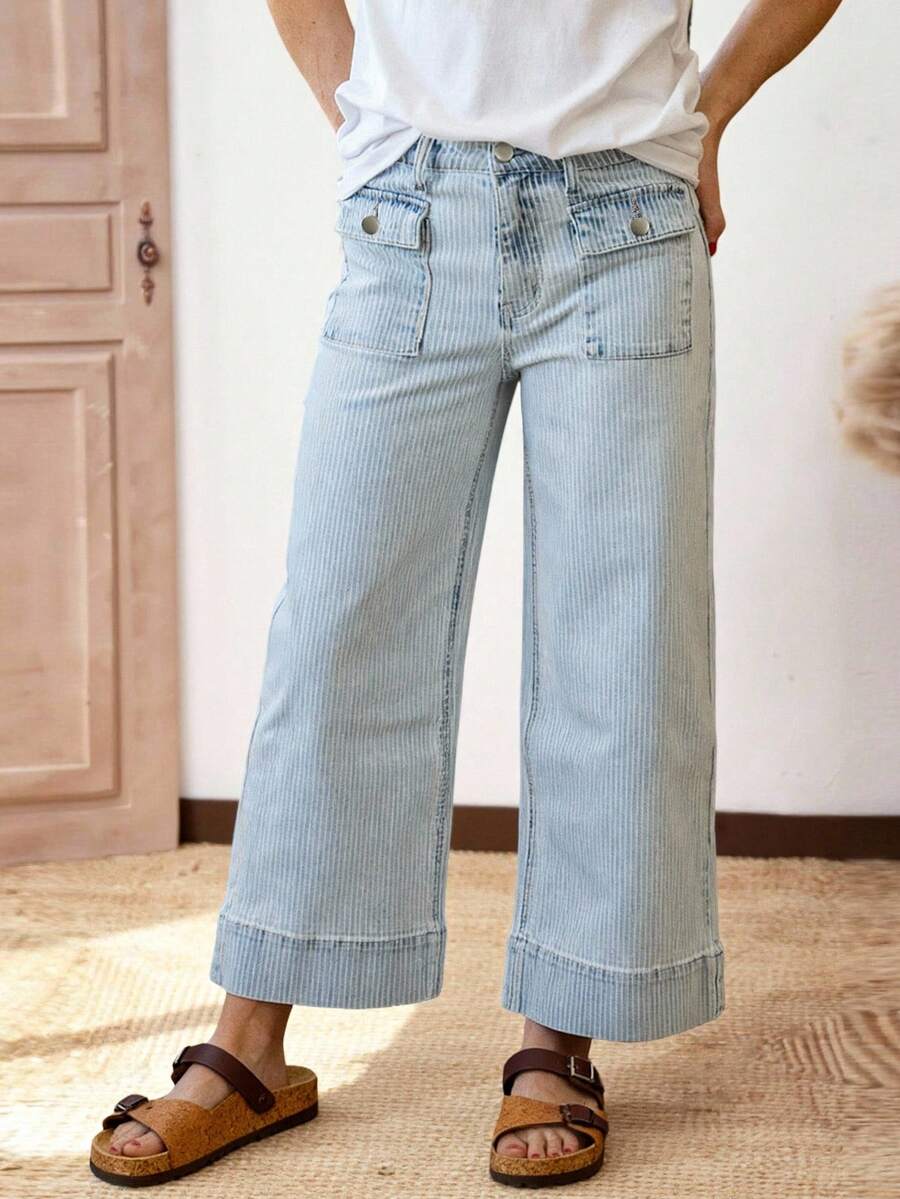 EMERY ROSE Quần denim ống rộng kẻ sọc dài 9/10 dành cho nữ, có túi - Rửa nhẹ - Xem 1