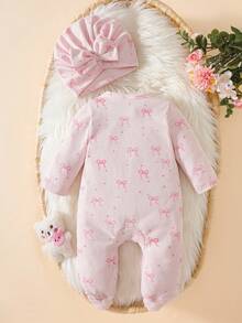 SHEIN Newborn Infant Bow Print Cute Baby Jumpsuit + Hat, Autumn/Winter