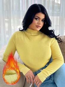 SHEIN SXY Nuevo suéter de cuello alto ajustado de unicolor para otoño/invierno, forrado térmico y grueso para mujer - Amarillo - Ver 6
