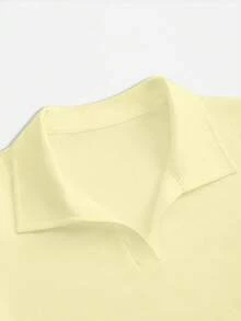 Airaco 女式休闲纯色褶皱弧形下摆针织短袖 T 恤，夏季 - 黃色 - 查看 3