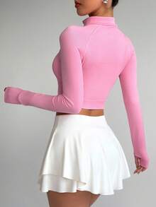 Sovereign Charm Women's Solid Color Raglan Thumb Hole Long Sleeve Zip Front Cropped Fitted Sports Jacket - Pink - View 2