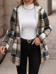 SHEIN 女士优雅成熟连帽格子仿皮毛拉链口袋常规夹克 - 灰色 - 查看 6