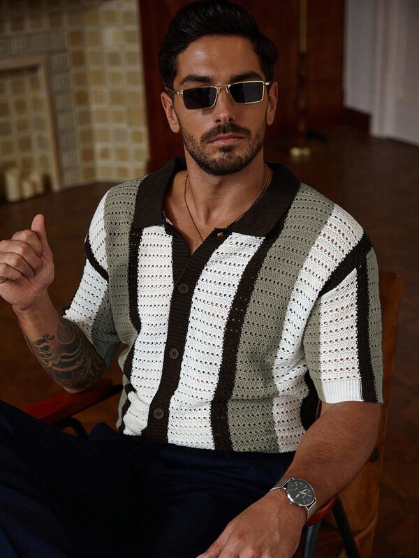 Manfinity CityGents Camisa de punto de manga corta con botones delanteros de contraste y diseño calado para hombre