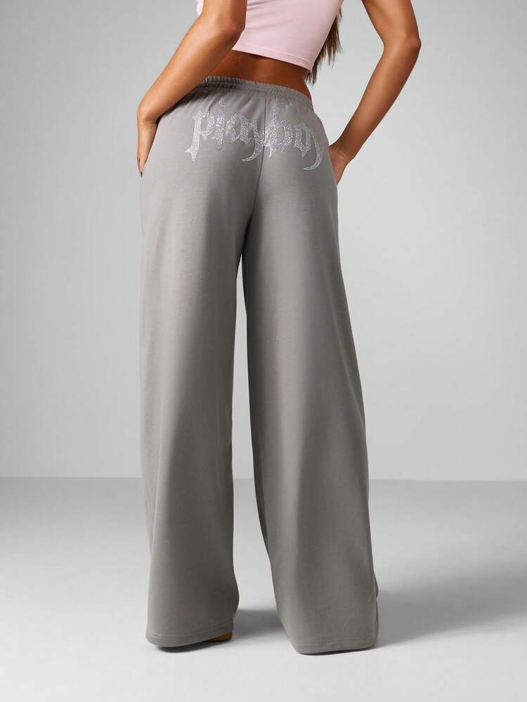 Missguided x Playboy Wide Leg Sweatpants With Crystal Embellished Logo Flames Design Loungewear Casual Drawstring Waist Pants Fall Winter Bottoms