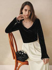 Cévolie 优雅通勤珍珠缀饰长袖T恤，秋季