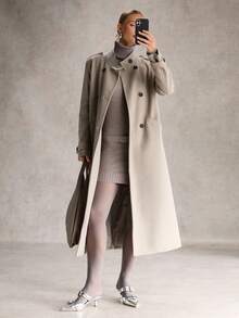 Chiquease 女士时尚双排扣长款大衣，秋冬季，休闲保暖秋冬款