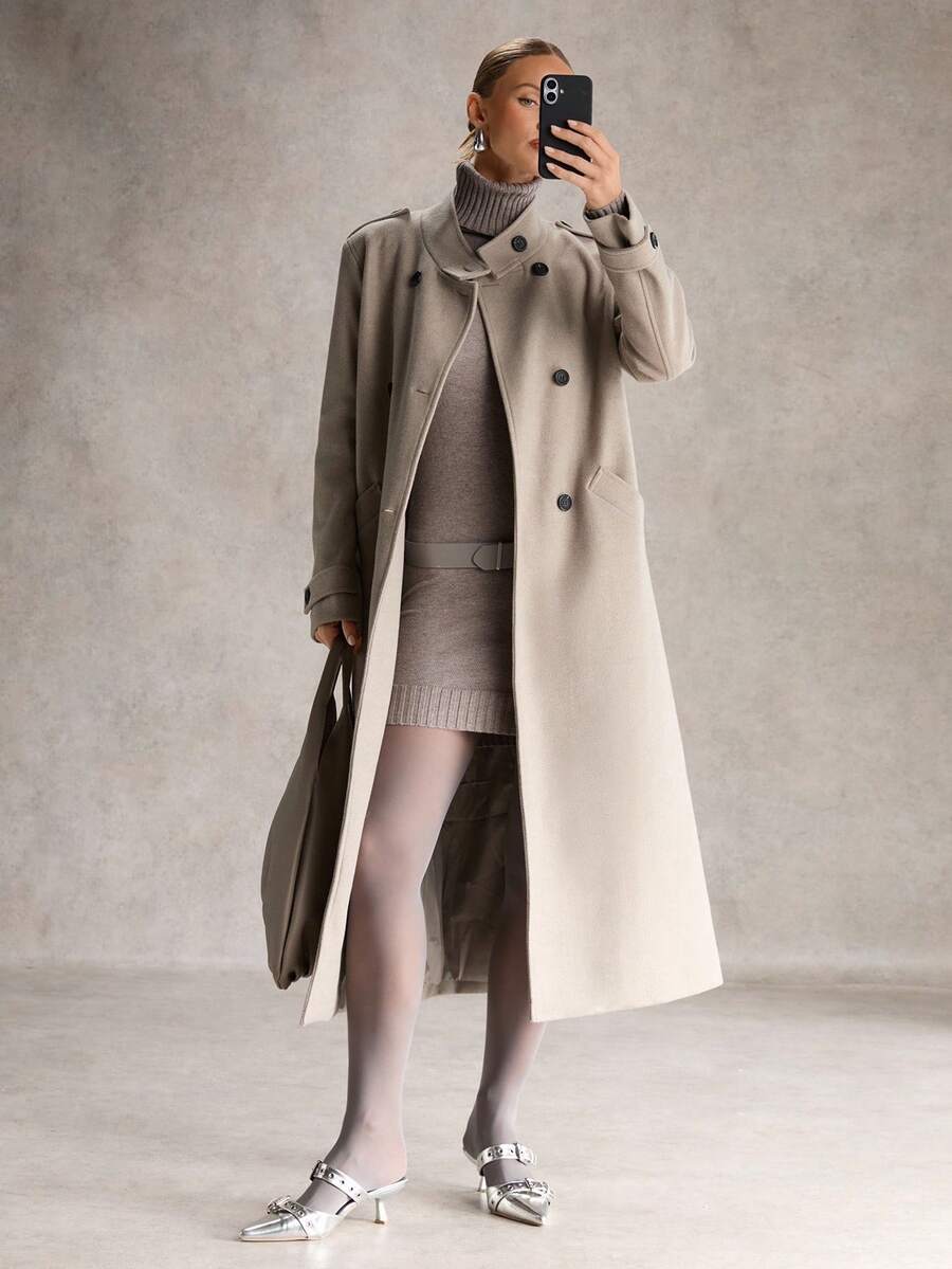 Chiquease 女士时尚双排扣长款大衣，秋冬季，休闲保暖秋冬款